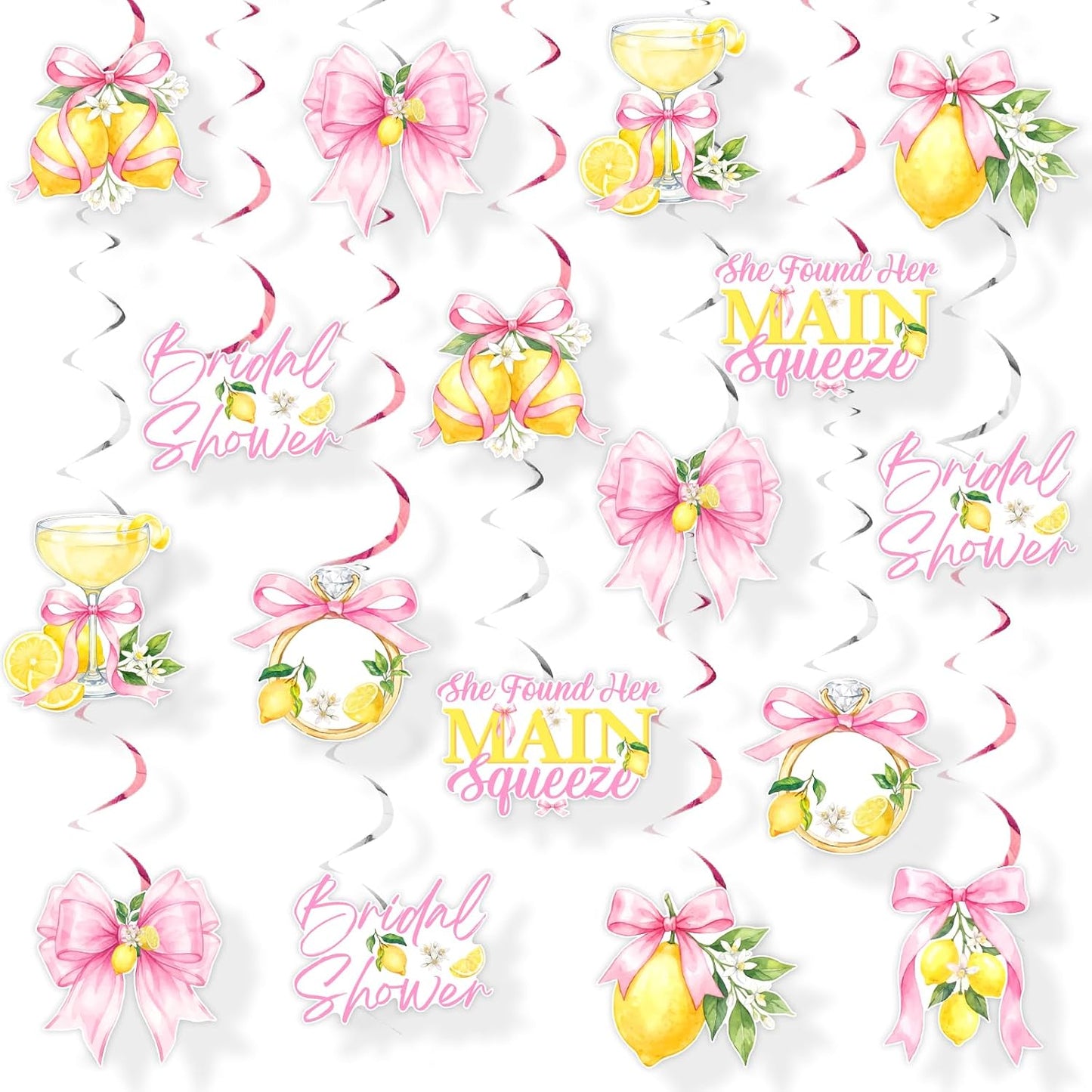 Pink Bow Lemon Bridal Shower Decorations 8pcs Double Sided Hanging Swirl Set for Bridal Shower and Bachelorette Lemon Theme Party Decor Bride Celebration Ceiling Party Supplies