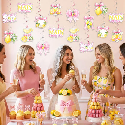 Pink Bow Lemon Bridal Shower Decorations 8pcs Double Sided Hanging Swirl Set for Bridal Shower and Bachelorette Lemon Theme Party Decor Bride Celebration Ceiling Party Supplies
