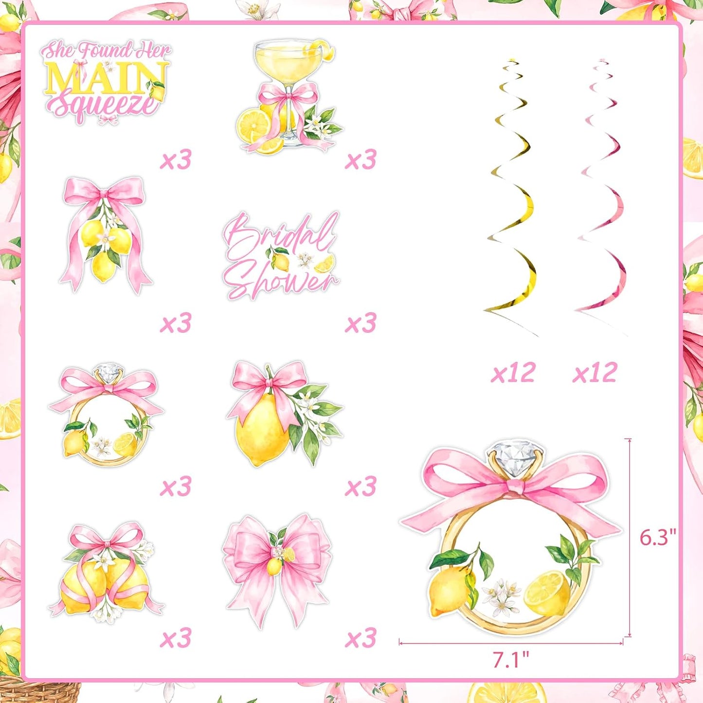 Pink Bow Lemon Bridal Shower Decorations 8pcs Double Sided Hanging Swirl Set for Bridal Shower and Bachelorette Lemon Theme Party Decor Bride Celebration Ceiling Party Supplies