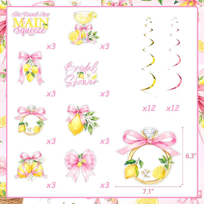Pink Bow Lemon Bridal Shower Decorations 8pcs Double Sided Hanging Swirl Set for Bridal Shower and Bachelorette Lemon Theme Party Decor Bride Celebration Ceiling Party Supplies
