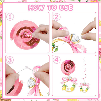 Pink Bow Lemon Bridal Shower Decorations 8pcs Double Sided Hanging Swirl Set for Bridal Shower and Bachelorette Lemon Theme Party Decor Bride Celebration Ceiling Party Supplies