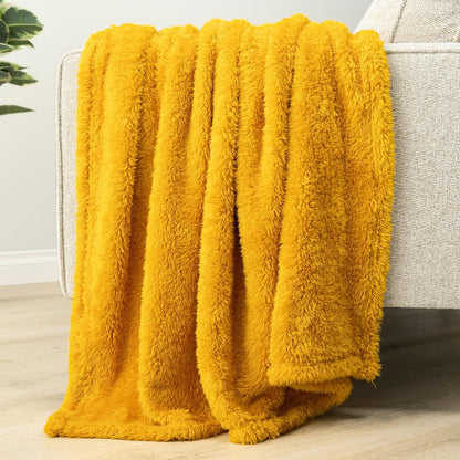 PAVILIA Sherpa Throw Blanket for Couch Sofa Bed, Mustard Yellow Fluffy Plush Fleece Microfiber Blanket, Lightweight Soft Cozy Reversible Throw, All Season Home Decor Gift, 50x60 Inches