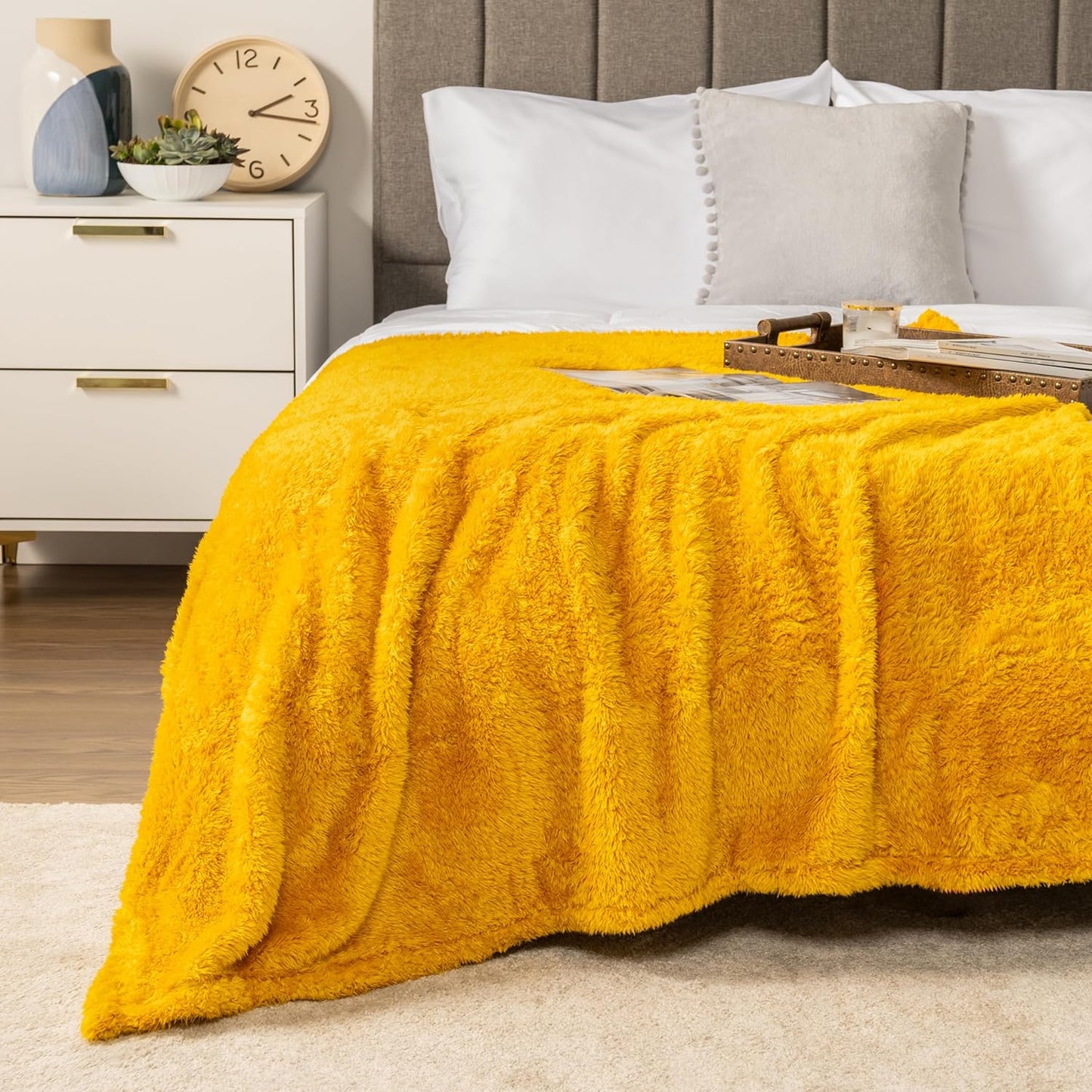 PAVILIA Sherpa Throw Blanket for Couch Sofa Bed, Mustard Yellow Fluffy Plush Fleece Microfiber Blanket, Lightweight Soft Cozy Reversible Throw, All Season Home Decor Gift, 50x60 Inches