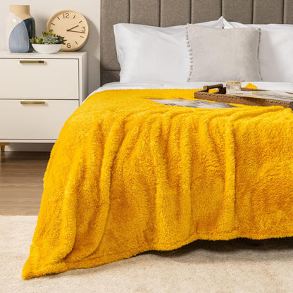 PAVILIA Sherpa Throw Blanket for Couch Sofa Bed, Mustard Yellow Fluffy Plush Fleece Microfiber Blanket, Lightweight Soft Cozy Reversible Throw, All Season Home Decor Gift, 50x60 Inches