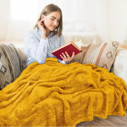 PAVILIA Sherpa Throw Blanket for Couch Sofa Bed, Mustard Yellow Fluffy Plush Fleece Microfiber Blanket, Lightweight Soft Cozy Reversible Throw, All Season Home Decor Gift, 50x60 Inches
