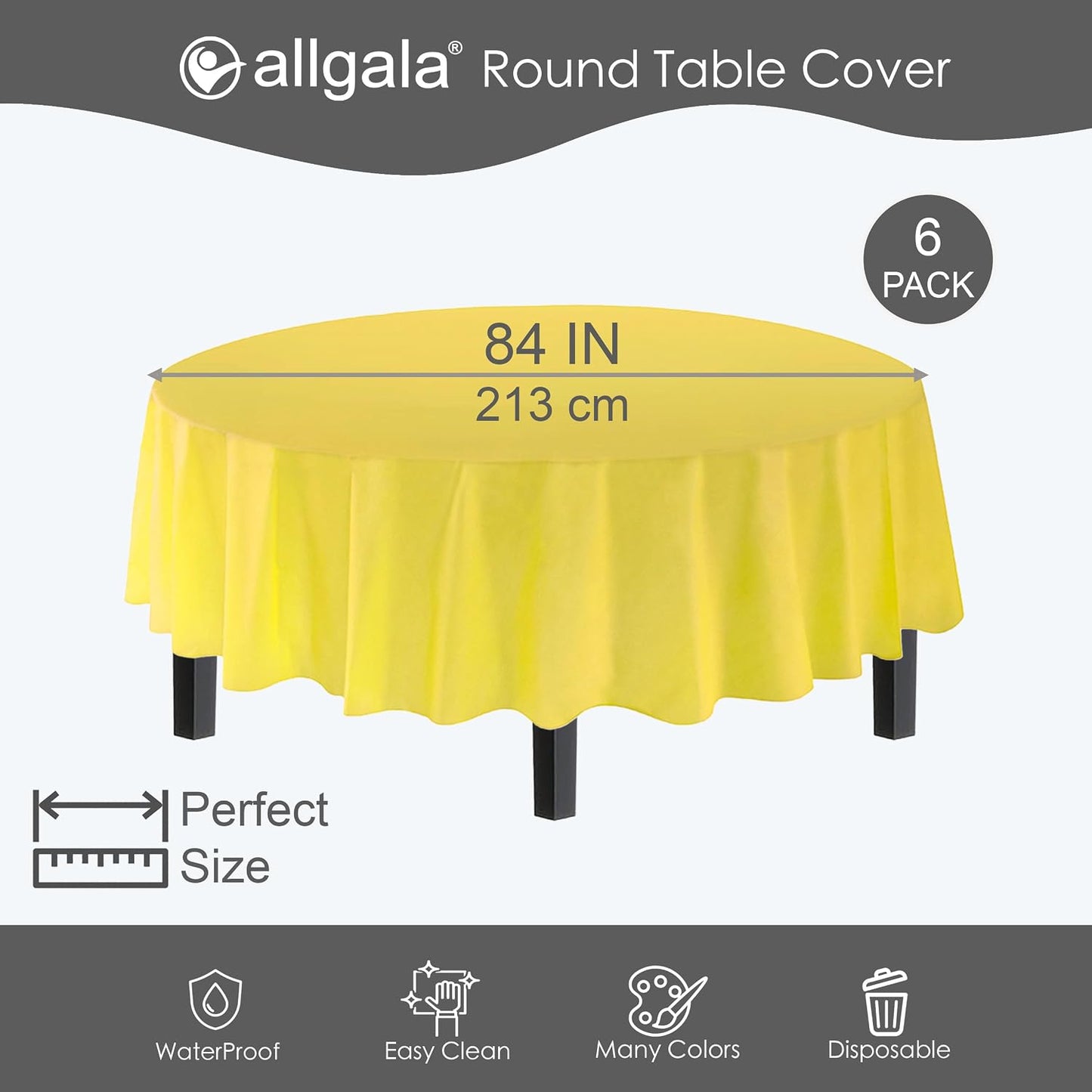 Table Cover Water Proof Disposable Tablecloth-6PK Round 84"-Light Yellow- for Party Birthday Wedding Picnic Fiesta Home Party Decorations