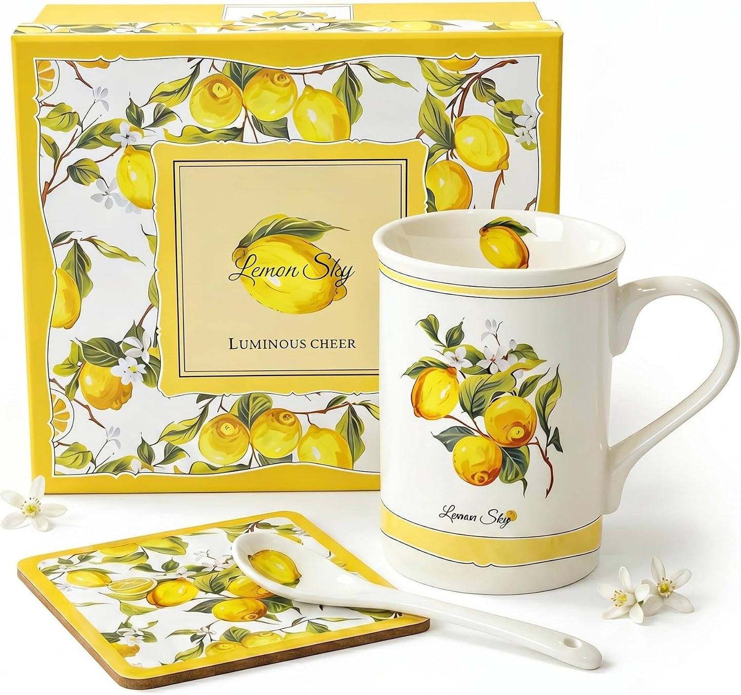 Lemon Coffee Mug Gift Set, 10 oz Ceramic Tea Cup, Yellow | With Spoon & Coaster, Elegant Gift Box, For Women & Tea Lovers, Kitchen & Office Decor
