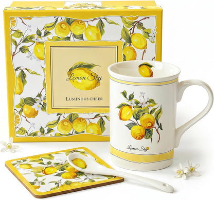 Lemon Coffee Mug Gift Set, 10 oz Ceramic Tea Cup, Yellow | With Spoon & Coaster, Elegant Gift Box, For Women & Tea Lovers, Kitchen & Office Decor