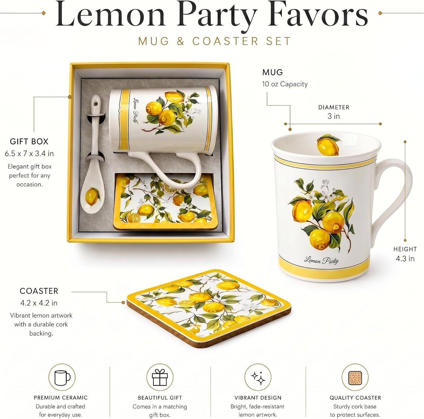 Lemon Coffee Mug Gift Set, 10 oz Ceramic Tea Cup, Yellow | With Spoon & Coaster, Elegant Gift Box, For Women & Tea Lovers, Kitchen & Office Decor