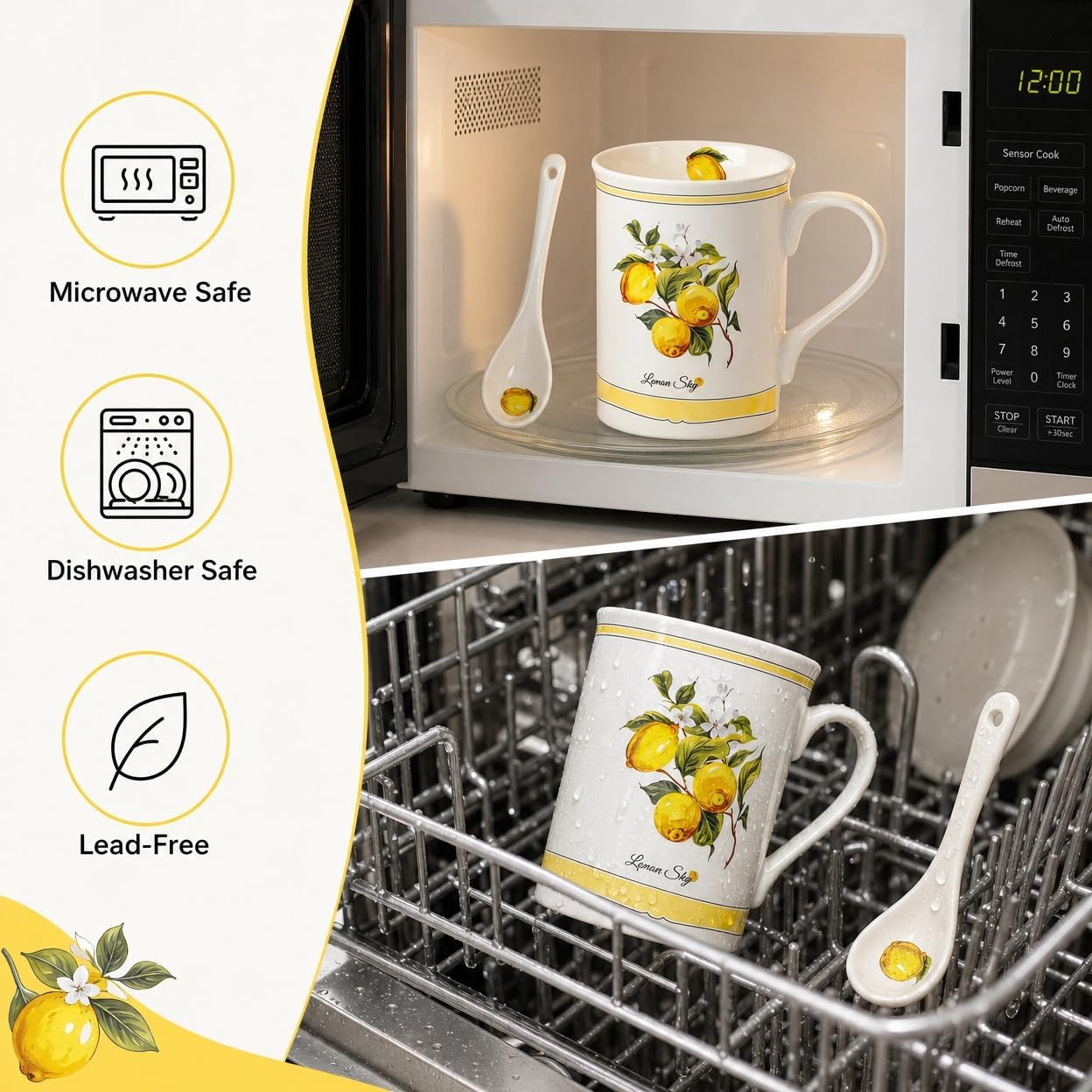 Lemon Coffee Mug Gift Set, 10 oz Ceramic Tea Cup, Yellow | With Spoon & Coaster, Elegant Gift Box, For Women & Tea Lovers, Kitchen & Office Decor