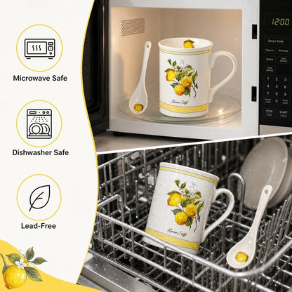 Lemon Coffee Mug Gift Set, 10 oz Ceramic Tea Cup, Yellow | With Spoon & Coaster, Elegant Gift Box, For Women & Tea Lovers, Kitchen & Office Decor