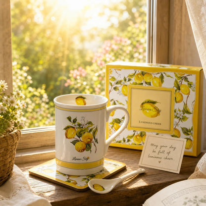 Lemon Coffee Mug Gift Set, 10 oz Ceramic Tea Cup, Yellow | With Spoon & Coaster, Elegant Gift Box, For Women & Tea Lovers, Kitchen & Office Decor