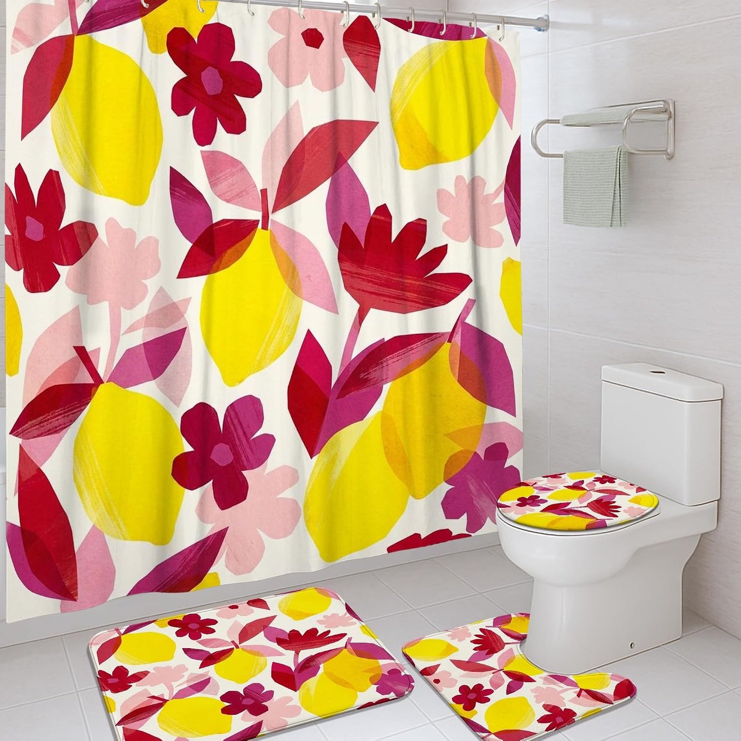 Lemon Shower Curtain Sets, Tropical Modern Flower Leaf Summer Yellow Polyester Waterproof Bathroom Sets with Shower Curtain and Rugs for Bath Bathtub Apartment Decor 72x72 Inch