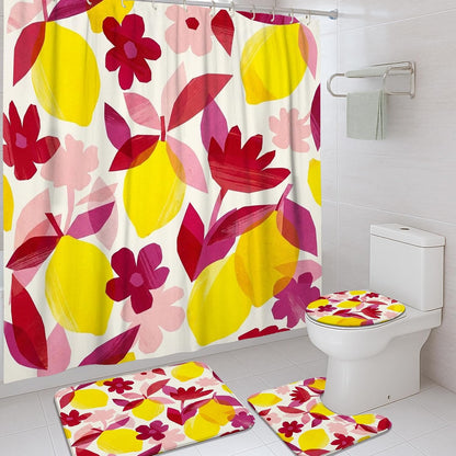 Lemon Shower Curtain Sets, Tropical Modern Flower Leaf Summer Yellow Polyester Waterproof Bathroom Sets with Shower Curtain and Rugs for Bath Bathtub Apartment Decor 72x72 Inch