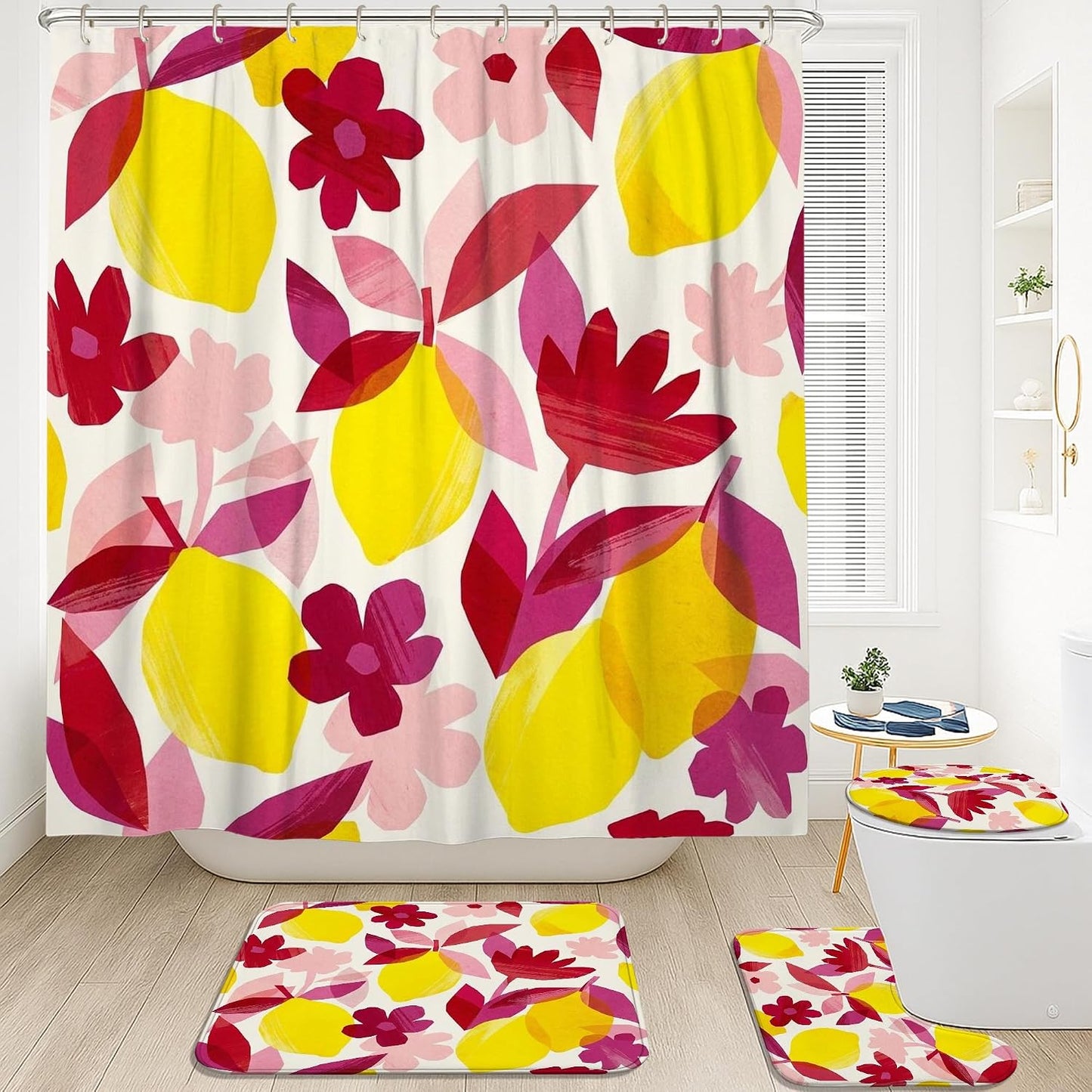 Lemon Shower Curtain Sets, Tropical Modern Flower Leaf Summer Yellow Polyester Waterproof Bathroom Sets with Shower Curtain and Rugs for Bath Bathtub Apartment Decor 72x72 Inch