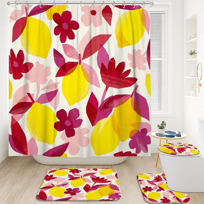 Lemon Shower Curtain Sets, Tropical Modern Flower Leaf Summer Yellow Polyester Waterproof Bathroom Sets with Shower Curtain and Rugs for Bath Bathtub Apartment Decor 72x72 Inch
