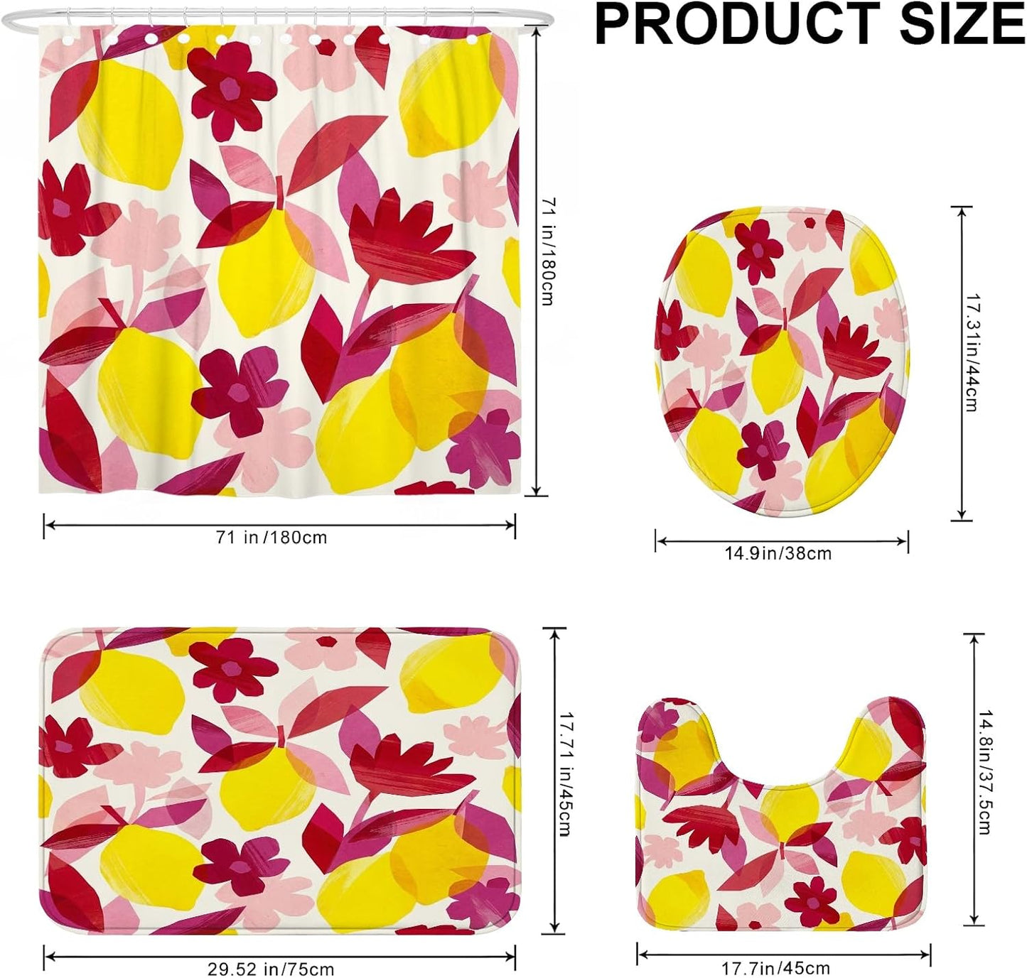 Lemon Shower Curtain Sets, Tropical Modern Flower Leaf Summer Yellow Polyester Waterproof Bathroom Sets with Shower Curtain and Rugs for Bath Bathtub Apartment Decor 72x72 Inch