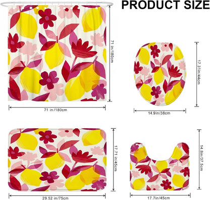 Lemon Shower Curtain Sets, Tropical Modern Flower Leaf Summer Yellow Polyester Waterproof Bathroom Sets with Shower Curtain and Rugs for Bath Bathtub Apartment Decor 72x72 Inch