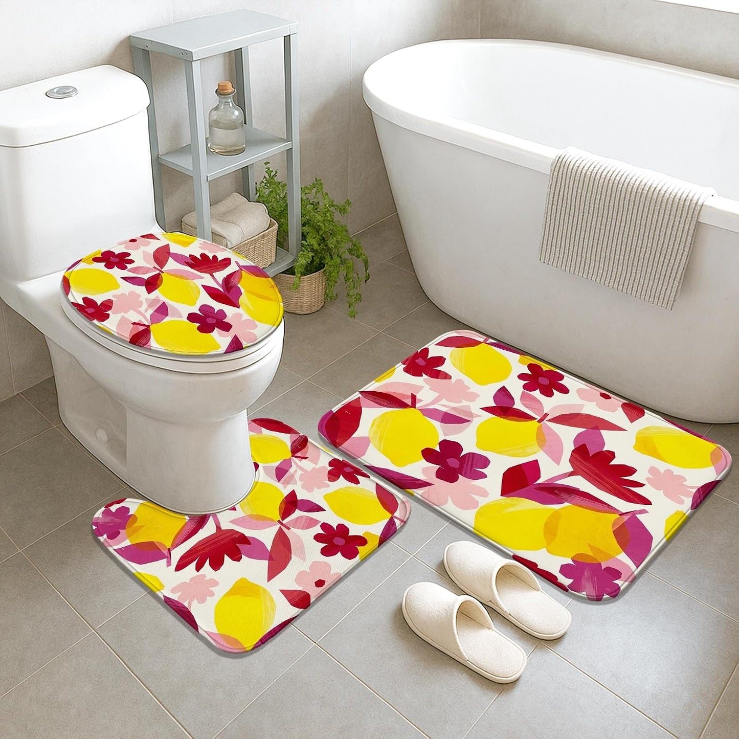Lemon Shower Curtain Sets, Tropical Modern Flower Leaf Summer Yellow Polyester Waterproof Bathroom Sets with Shower Curtain and Rugs for Bath Bathtub Apartment Decor 72x72 Inch