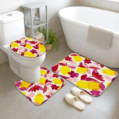Lemon Shower Curtain Sets, Tropical Modern Flower Leaf Summer Yellow Polyester Waterproof Bathroom Sets with Shower Curtain and Rugs for Bath Bathtub Apartment Decor 72x72 Inch