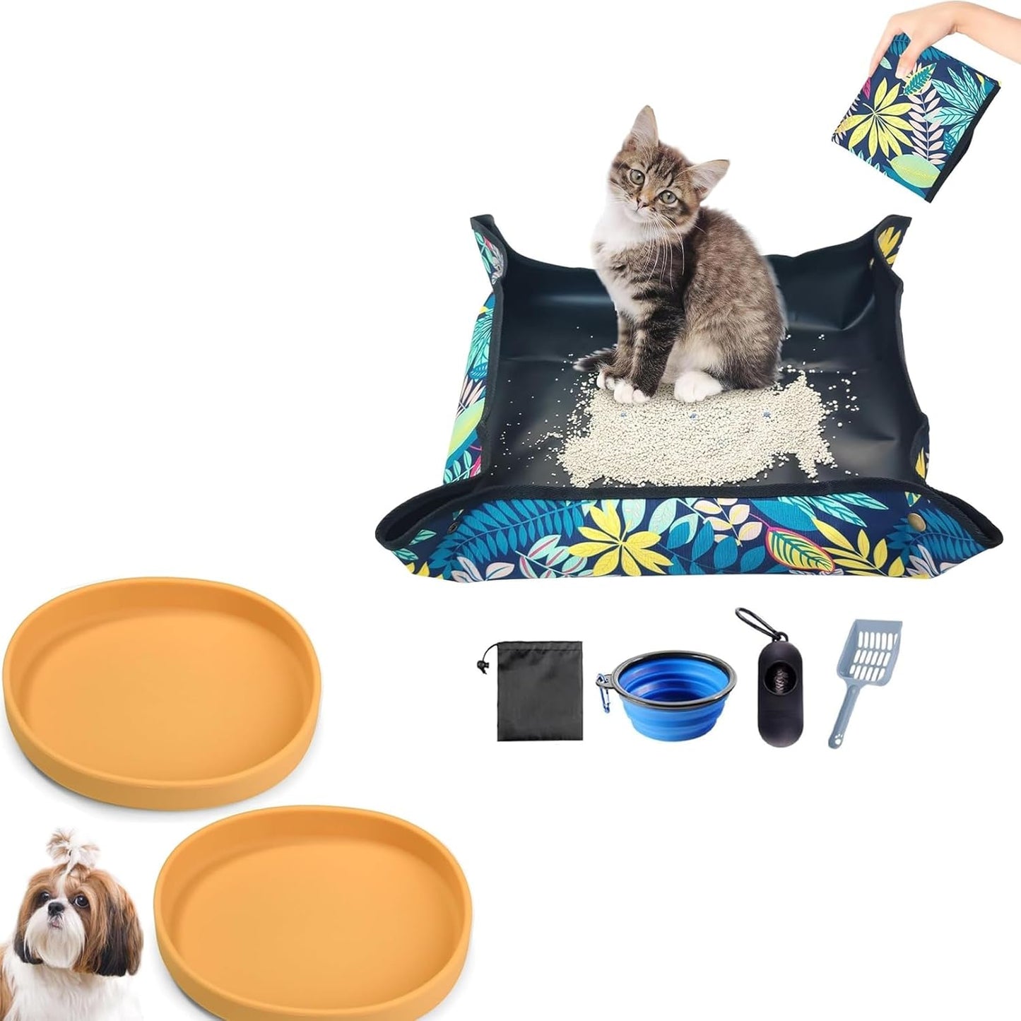 Yellow Cat Food Plate Travel Litter Box for Cats Kit for Car, Hotels, Outings, Temporary Stays