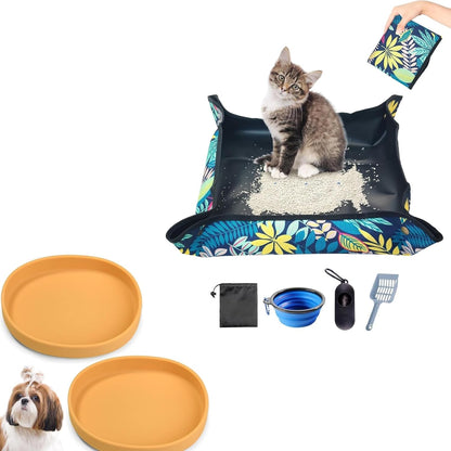 Yellow Cat Food Plate Travel Litter Box for Cats Kit for Car, Hotels, Outings, Temporary Stays