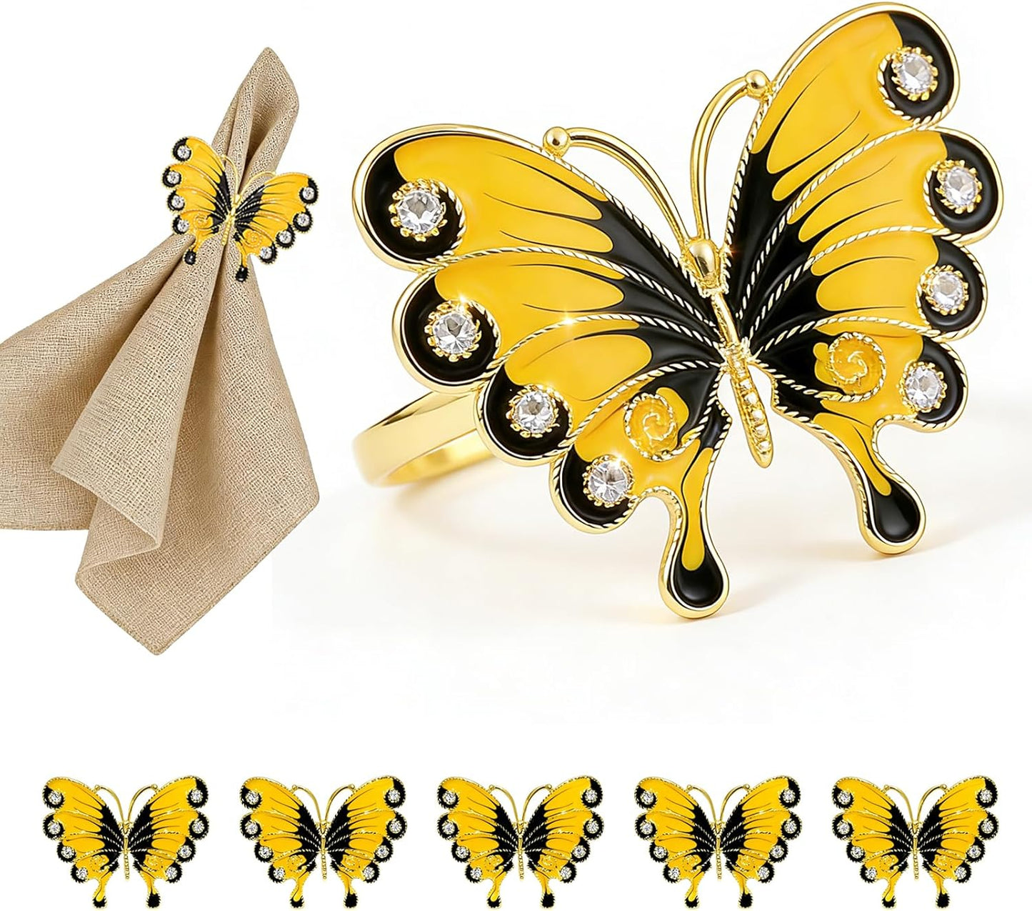 Butterfly Napkin Rings Set of 6 Yellow Enamel & Rhinestone Insect Napkin Holder for Spring Party Beach Wedding Baby Shower Dinner Decor,Rustic Napkin Ring for Farmhouse Daily Table Setting