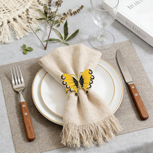 Butterfly Napkin Rings Set of 6 Yellow Enamel & Rhinestone Insect Napkin Holder for Spring Party Beach Wedding Baby Shower Dinner Decor,Rustic Napkin Ring for Farmhouse Daily Table Setting