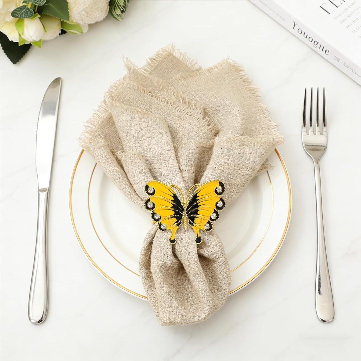 Butterfly Napkin Rings Set of 6 Yellow Enamel & Rhinestone Insect Napkin Holder for Spring Party Beach Wedding Baby Shower Dinner Decor,Rustic Napkin Ring for Farmhouse Daily Table Setting