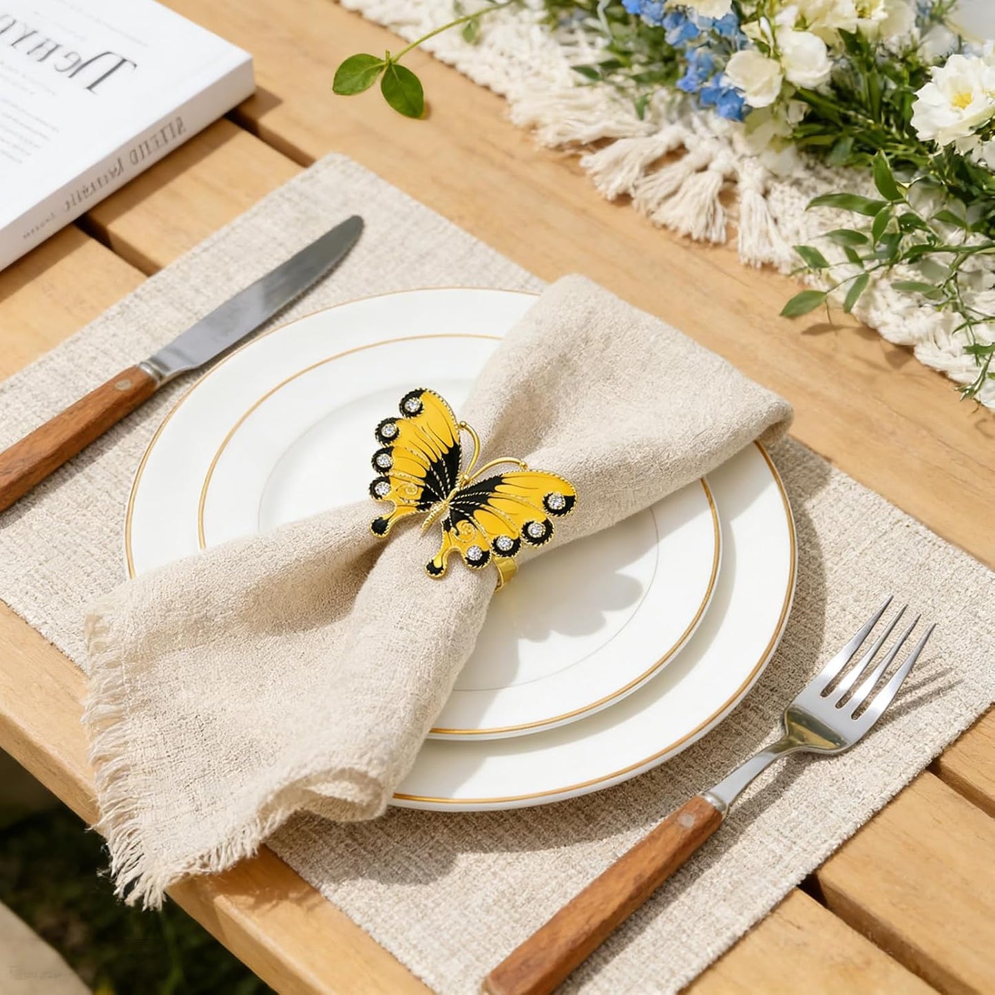 Butterfly Napkin Rings Set of 6 Yellow Enamel & Rhinestone Insect Napkin Holder for Spring Party Beach Wedding Baby Shower Dinner Decor,Rustic Napkin Ring for Farmhouse Daily Table Setting