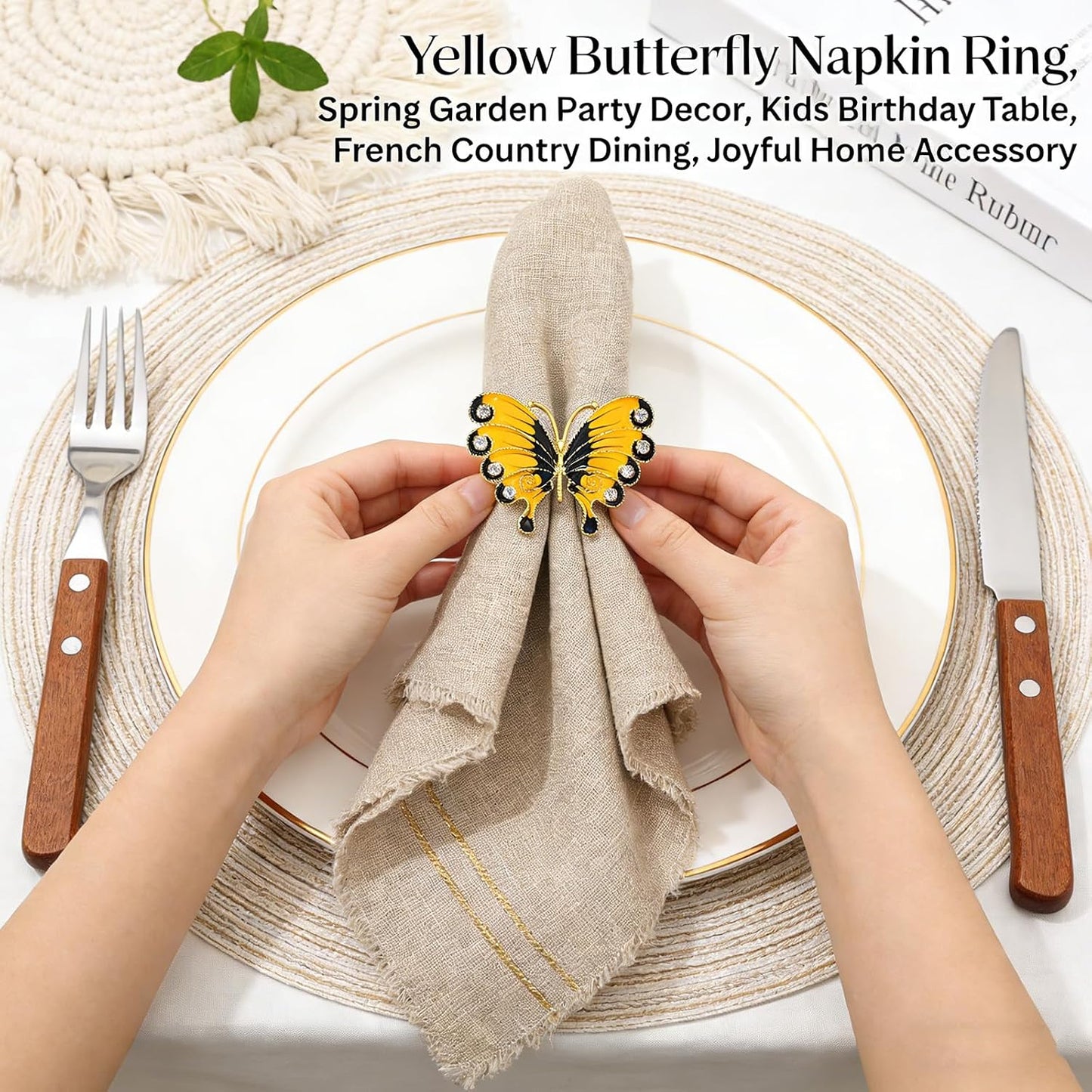 Butterfly Napkin Rings Set of 6 Yellow Enamel & Rhinestone Insect Napkin Holder for Spring Party Beach Wedding Baby Shower Dinner Decor,Rustic Napkin Ring for Farmhouse Daily Table Setting