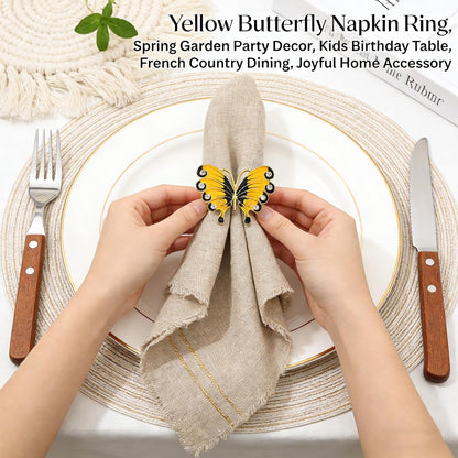 Butterfly Napkin Rings Set of 6 Yellow Enamel & Rhinestone Insect Napkin Holder for Spring Party Beach Wedding Baby Shower Dinner Decor,Rustic Napkin Ring for Farmhouse Daily Table Setting