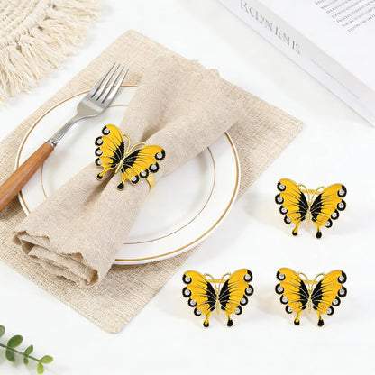 Butterfly Napkin Rings Set of 6 Yellow Enamel & Rhinestone Insect Napkin Holder for Spring Party Beach Wedding Baby Shower Dinner Decor,Rustic Napkin Ring for Farmhouse Daily Table Setting