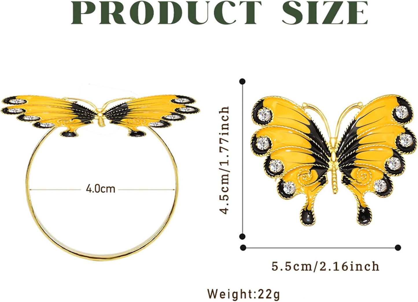 Butterfly Napkin Rings Set of 6 Yellow Enamel & Rhinestone Insect Napkin Holder for Spring Party Beach Wedding Baby Shower Dinner Decor,Rustic Napkin Ring for Farmhouse Daily Table Setting
