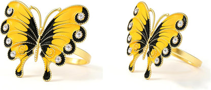 Butterfly Napkin Rings Set of 6 Yellow Enamel & Rhinestone Insect Napkin Holder for Spring Party Beach Wedding Baby Shower Dinner Decor,Rustic Napkin Ring for Farmhouse Daily Table Setting