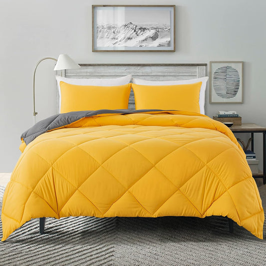 Lightweight King Comforter Set with 2 Pillow Sham - 3 Pieces Set - Quilted Down Alternative Comforter/Duvet Insert for All Season - Yellow/Grey- King Size