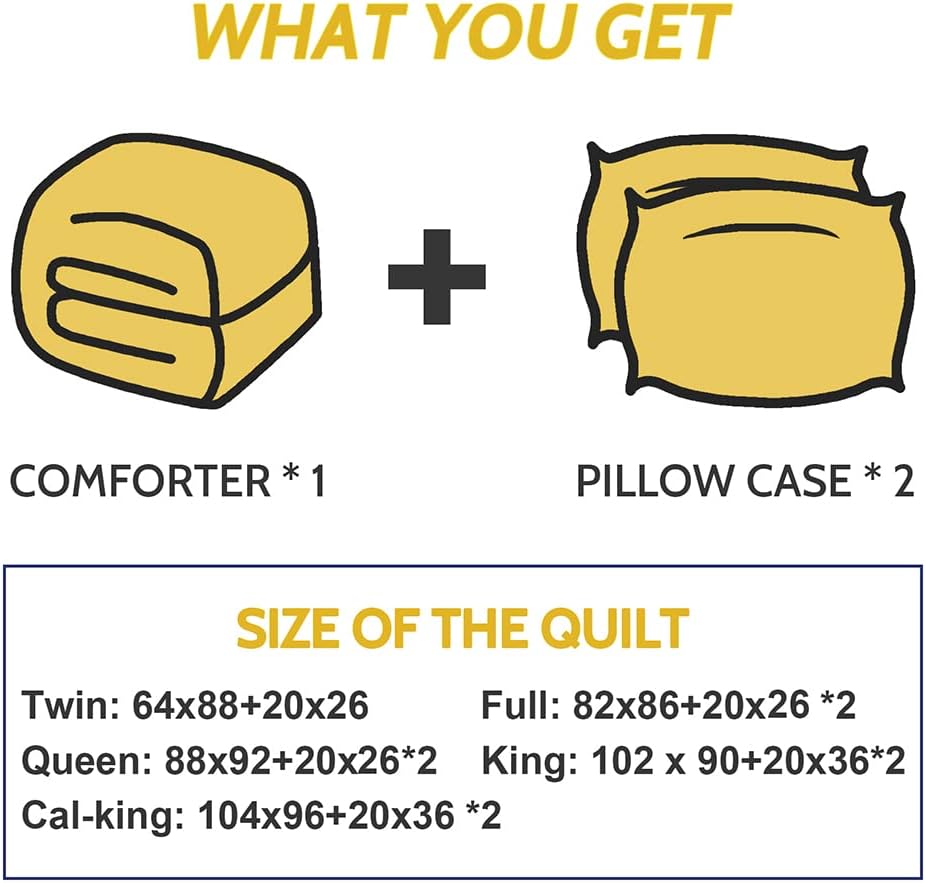 Lightweight King Comforter Set with 2 Pillow Sham - 3 Pieces Set - Quilted Down Alternative Comforter/Duvet Insert for All Season - Yellow/Grey- King Size