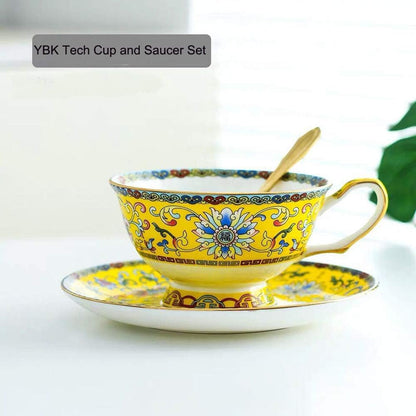 Cup& Saucer Set Bone China Tea Coffee Cup for Breakfast Afternoon Tea- Classic Enamel Patterns (Yellow)