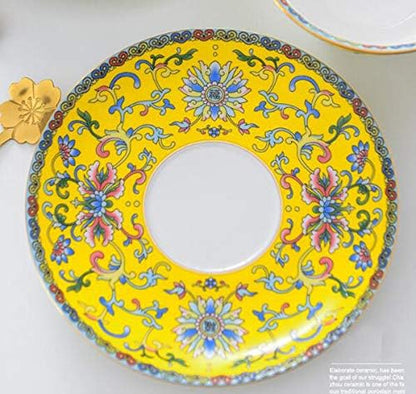 Cup& Saucer Set Bone China Tea Coffee Cup for Breakfast Afternoon Tea- Classic Enamel Patterns (Yellow)
