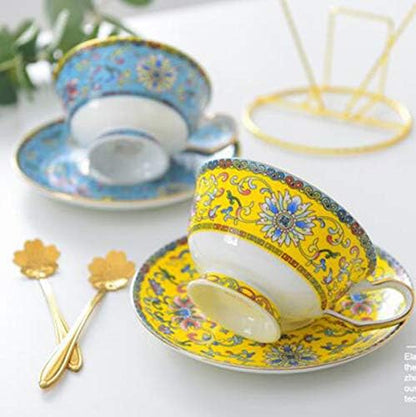 Cup& Saucer Set Bone China Tea Coffee Cup for Breakfast Afternoon Tea- Classic Enamel Patterns (Yellow)