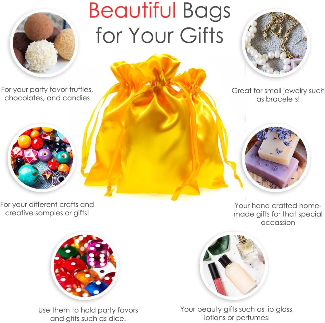 5" x 8" Golden Yellow Satin Gift Bags, Jewelry, Wedding Favor Silky Drawstring Bags Baby Shower Christmas 50 Count