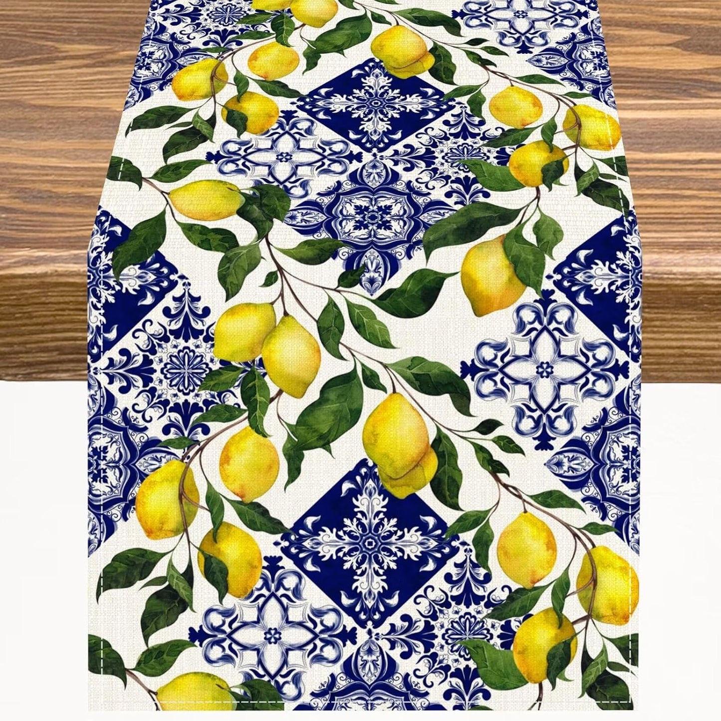 Blue Tiles Lemon Table Runner Summer Fruit Chic Kitchen Dinner Runner for Indoor Home Living Room Party Dining Table Decoration 13"x36"