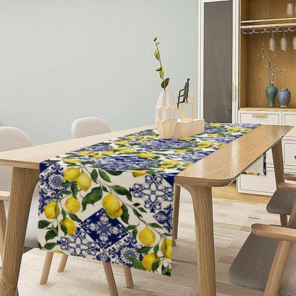 Blue Tiles Lemon Table Runner Summer Fruit Chic Kitchen Dinner Runner for Indoor Home Living Room Party Dining Table Decoration 13"x36"
