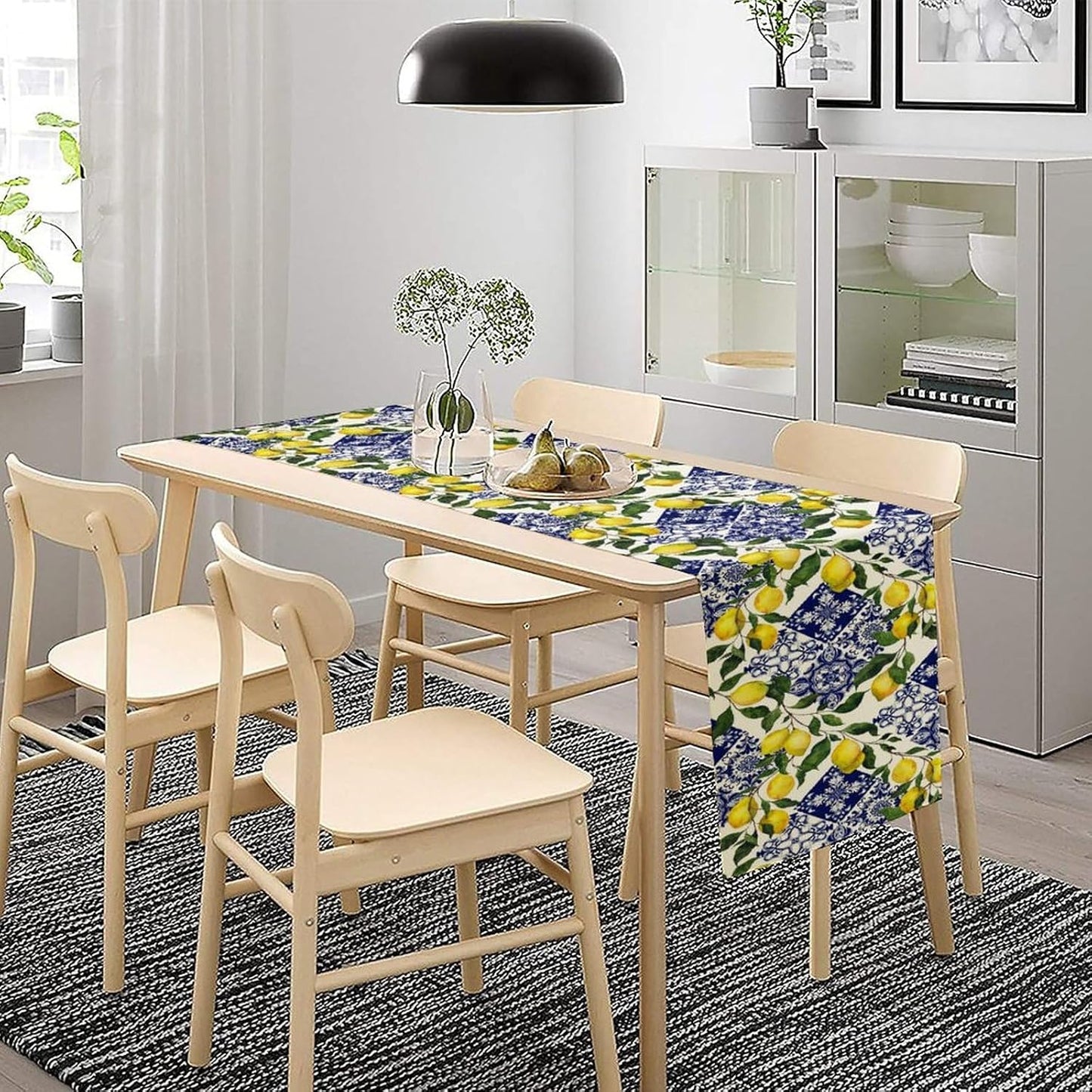 Blue Tiles Lemon Table Runner Summer Fruit Chic Kitchen Dinner Runner for Indoor Home Living Room Party Dining Table Decoration 13"x36"