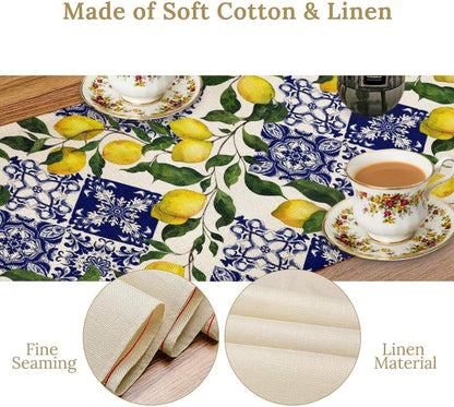 Blue Tiles Lemon Table Runner Summer Fruit Chic Kitchen Dinner Runner for Indoor Home Living Room Party Dining Table Decoration 13"x36"