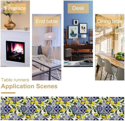 Blue Tiles Lemon Table Runner Summer Fruit Chic Kitchen Dinner Runner for Indoor Home Living Room Party Dining Table Decoration 13"x36"