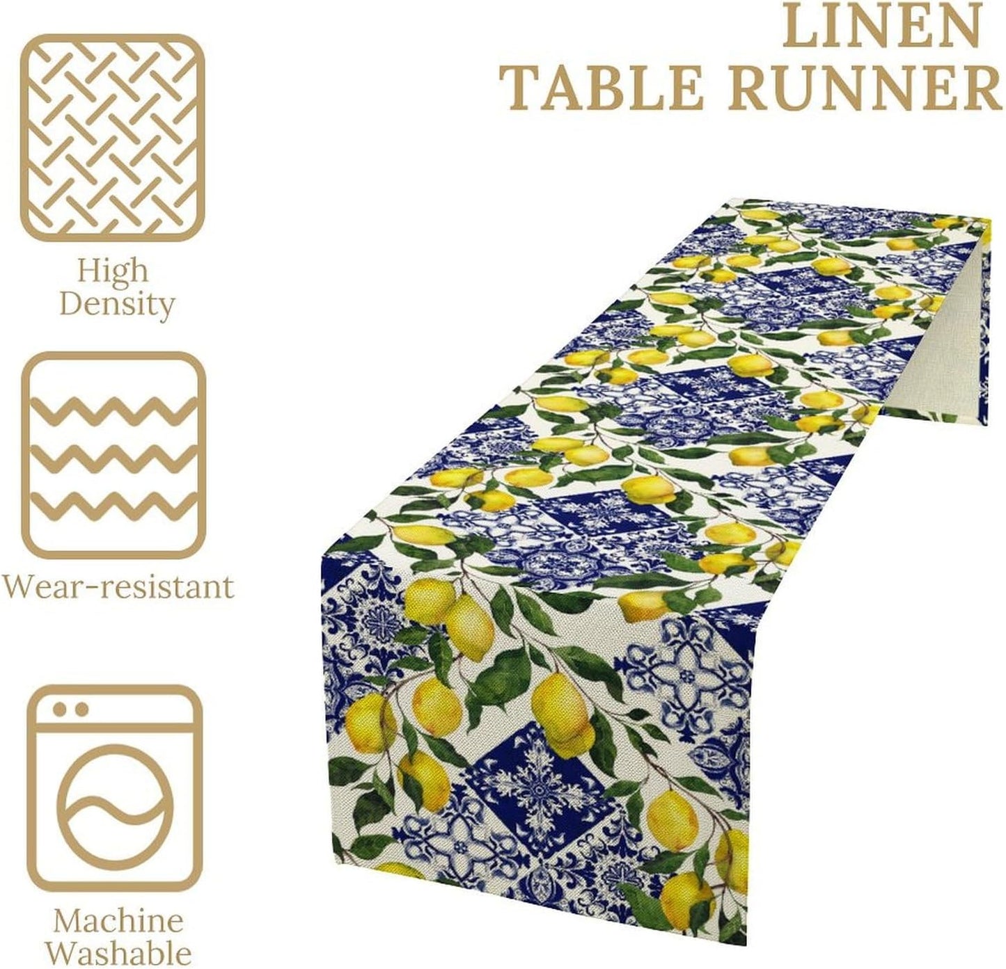 Blue Tiles Lemon Table Runner Summer Fruit Chic Kitchen Dinner Runner for Indoor Home Living Room Party Dining Table Decoration 13"x36"