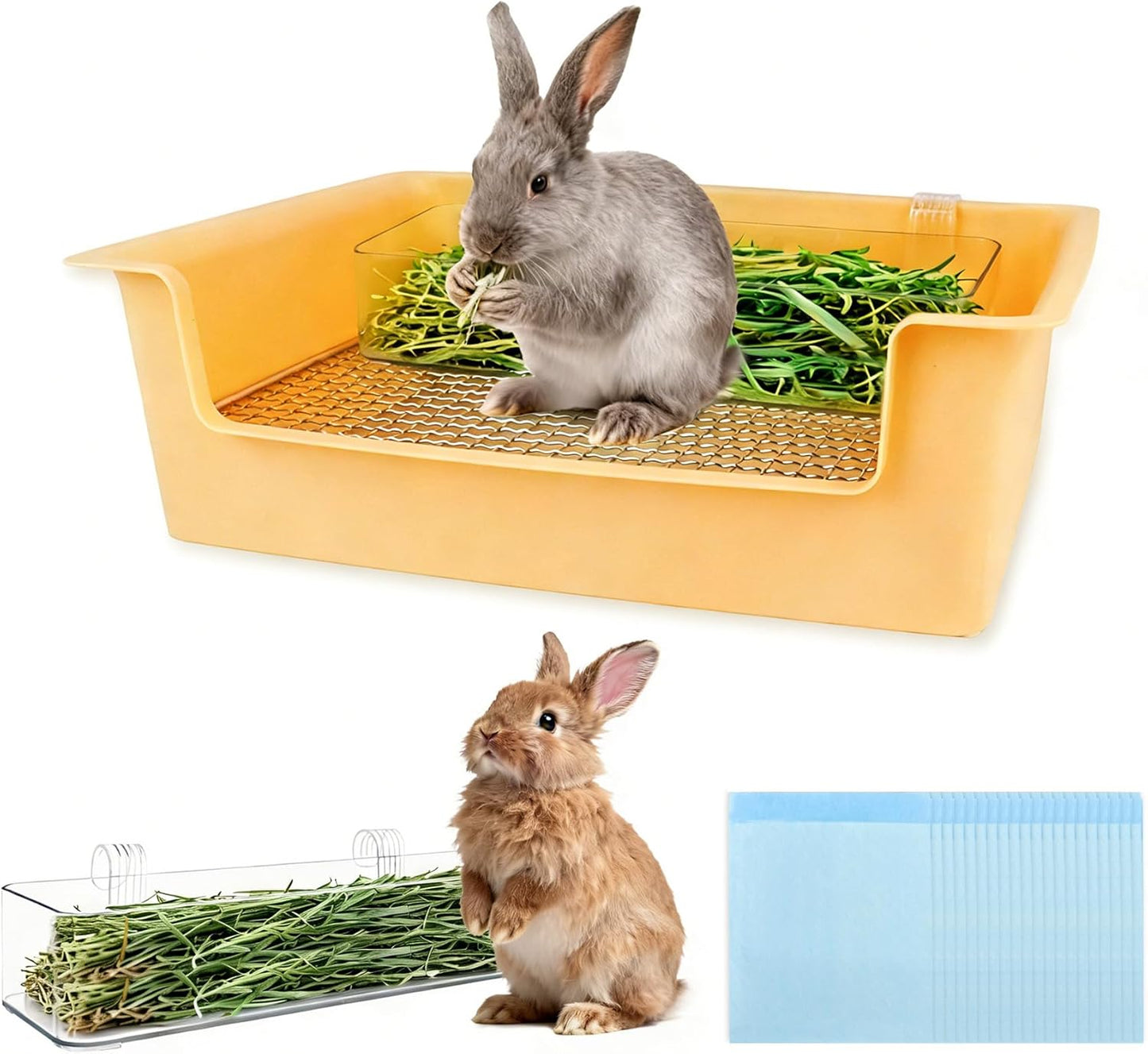 Stainless Steel Gird Rabbit Litter Box, Bunny Litter Pan with Hay Feeder & 20Pcs Disposable Pee Pads, Corner Potty Tray for Small Animals Rabbits Guinea Pigs Ferrets (15.4x11.2x4.8 inch)