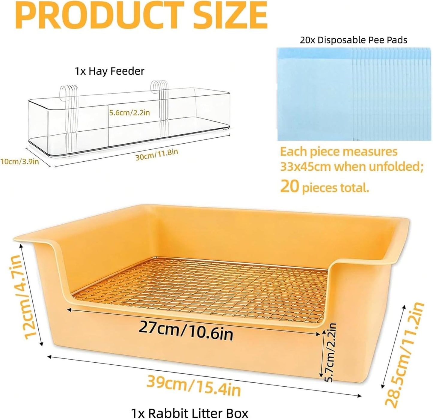 Stainless Steel Gird Rabbit Litter Box, Bunny Litter Pan with Hay Feeder & 20Pcs Disposable Pee Pads, Corner Potty Tray for Small Animals Rabbits Guinea Pigs Ferrets (15.4x11.2x4.8 inch)