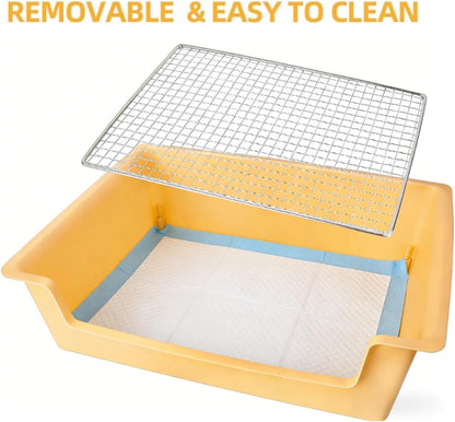 Stainless Steel Gird Rabbit Litter Box, Bunny Litter Pan with Hay Feeder & 20Pcs Disposable Pee Pads, Corner Potty Tray for Small Animals Rabbits Guinea Pigs Ferrets (15.4x11.2x4.8 inch)
